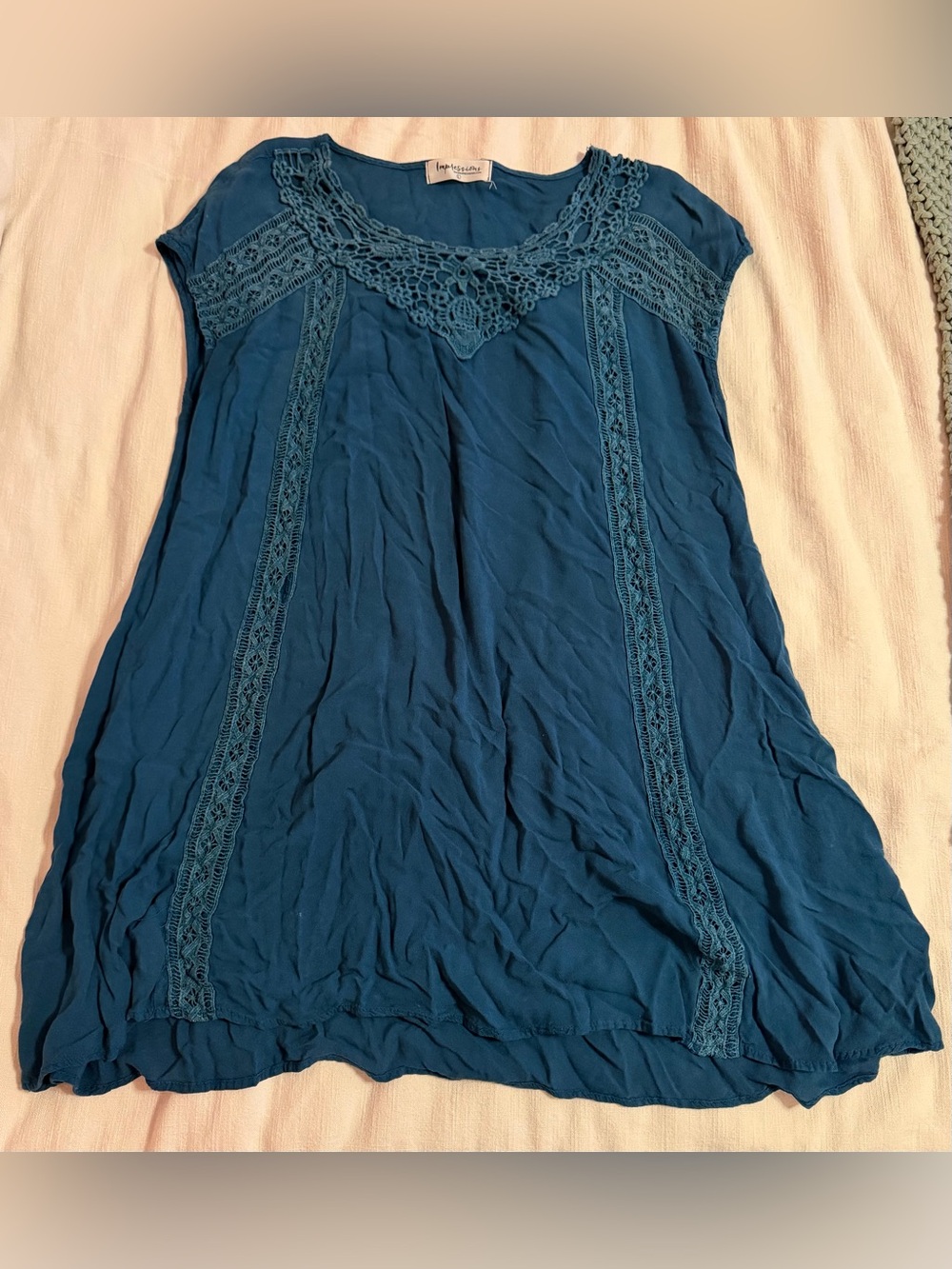 Impressions Teal Crochet-Trim Cap Sleeve Shirt